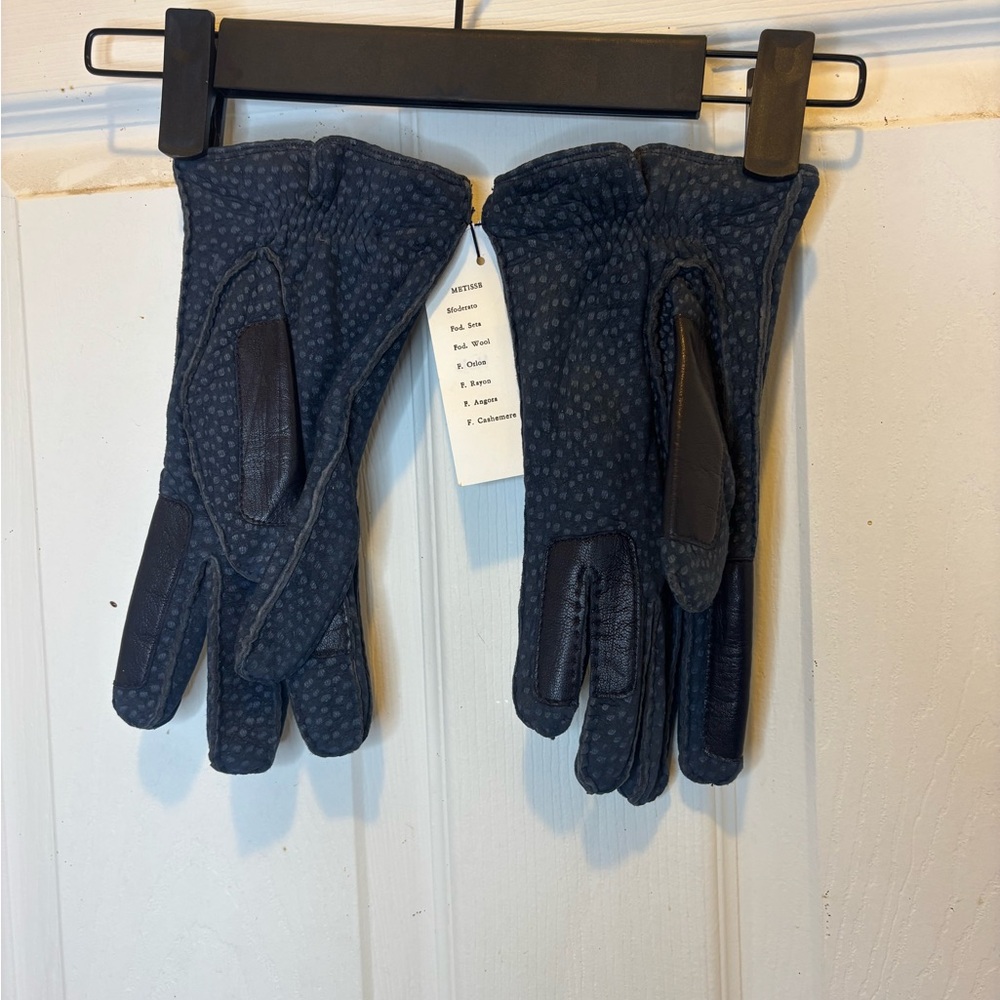 Stylish Women's Blue Leather Cashmere Lined Gloves Made in Italy - Picture 2 of 4